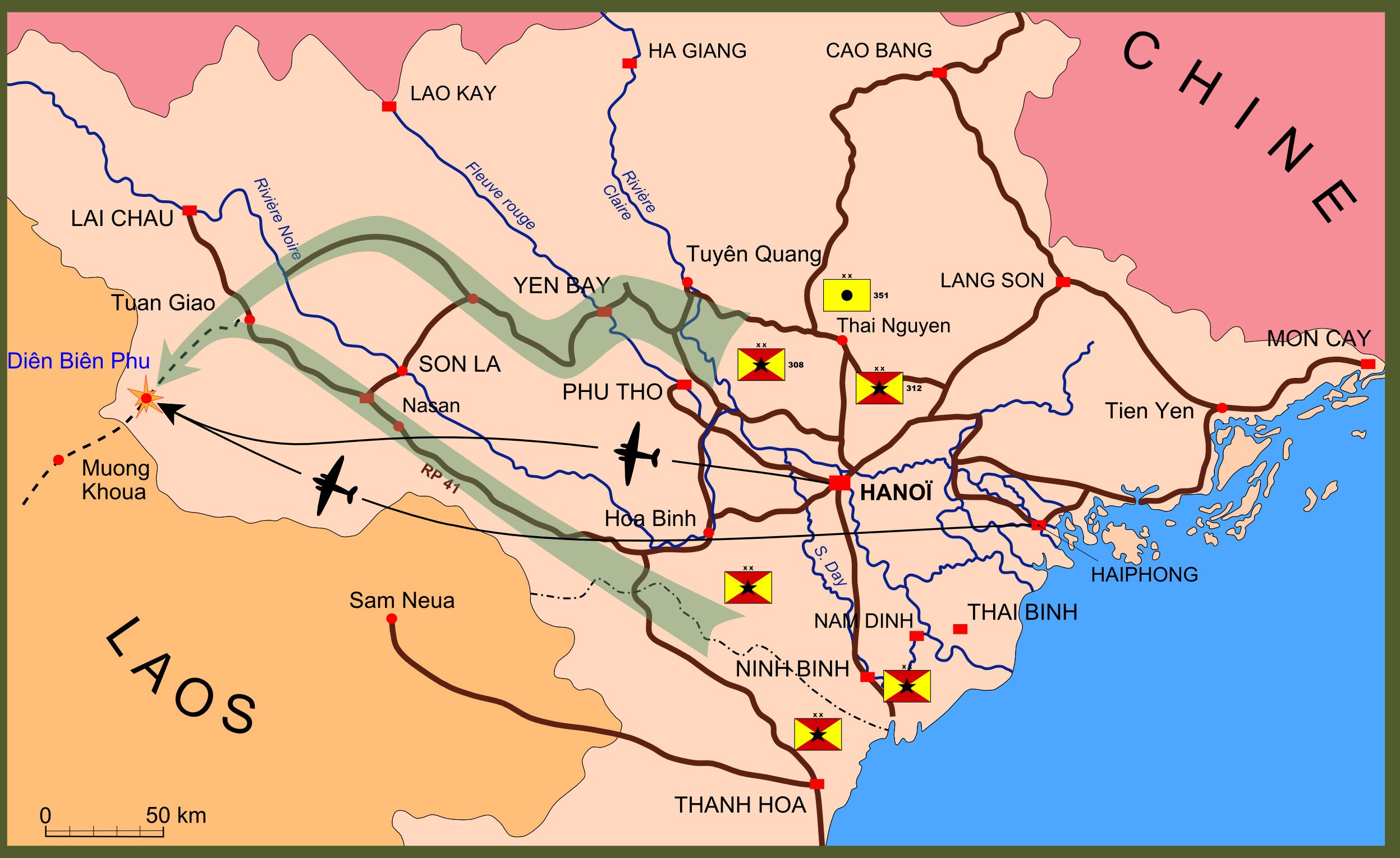 Điện Biên Phủs in Vietnam, showing the French air supply routes as well as the approach and supply routes of the Việt Minh