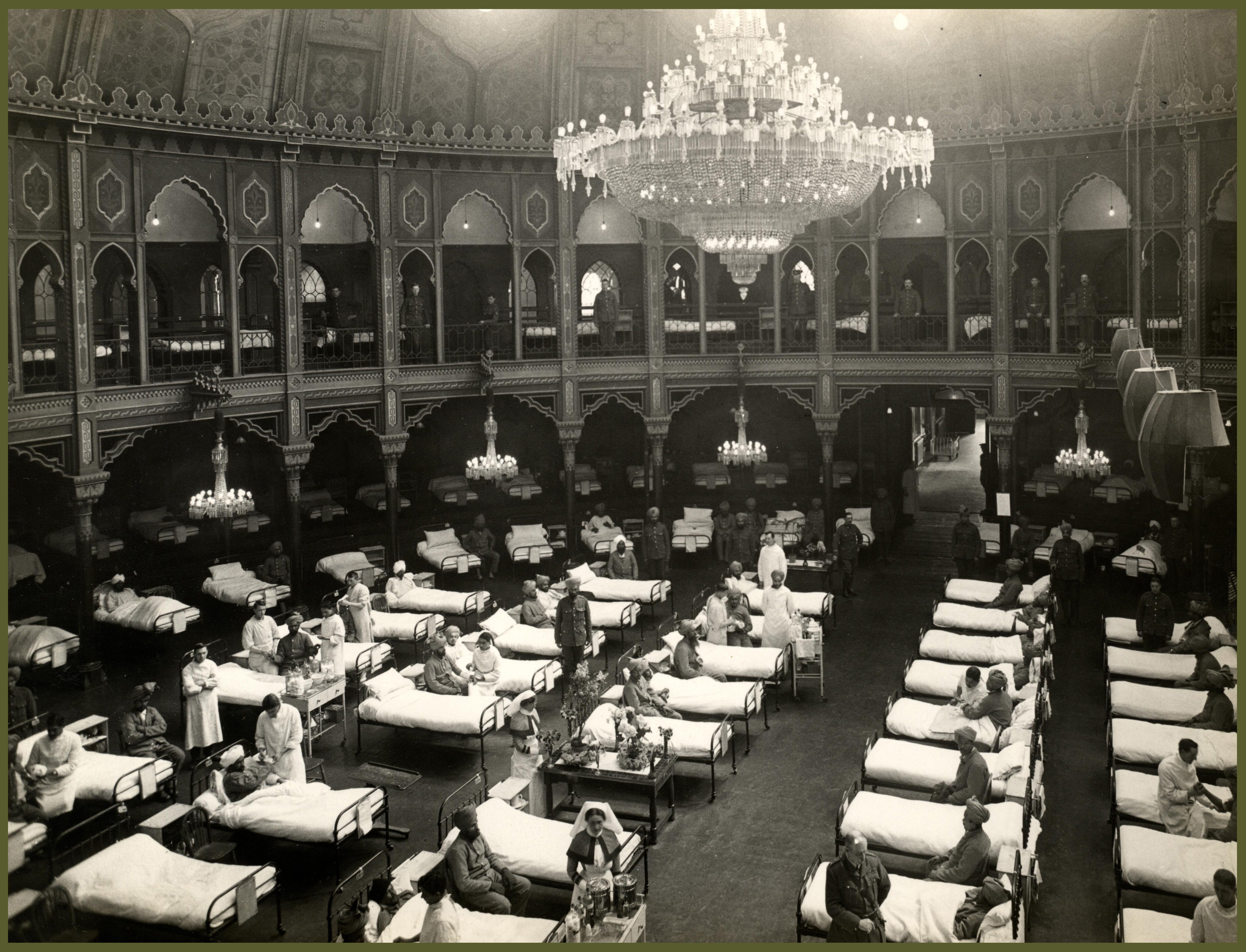 1914, World War 1. The Dome Hospital, showing some of the 689 beds in the whole hospital. These beautiful seaside palaces have been converted into hospitals for Indian troops, and are fitted with every modern convenience.