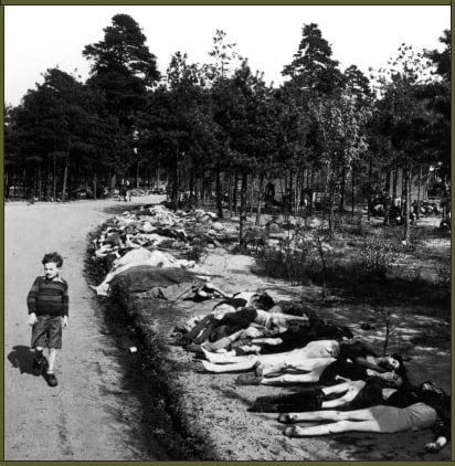 A small boy strolls down a road lined with dead bodies near the Bergen-Belsen concentration camp, 1945