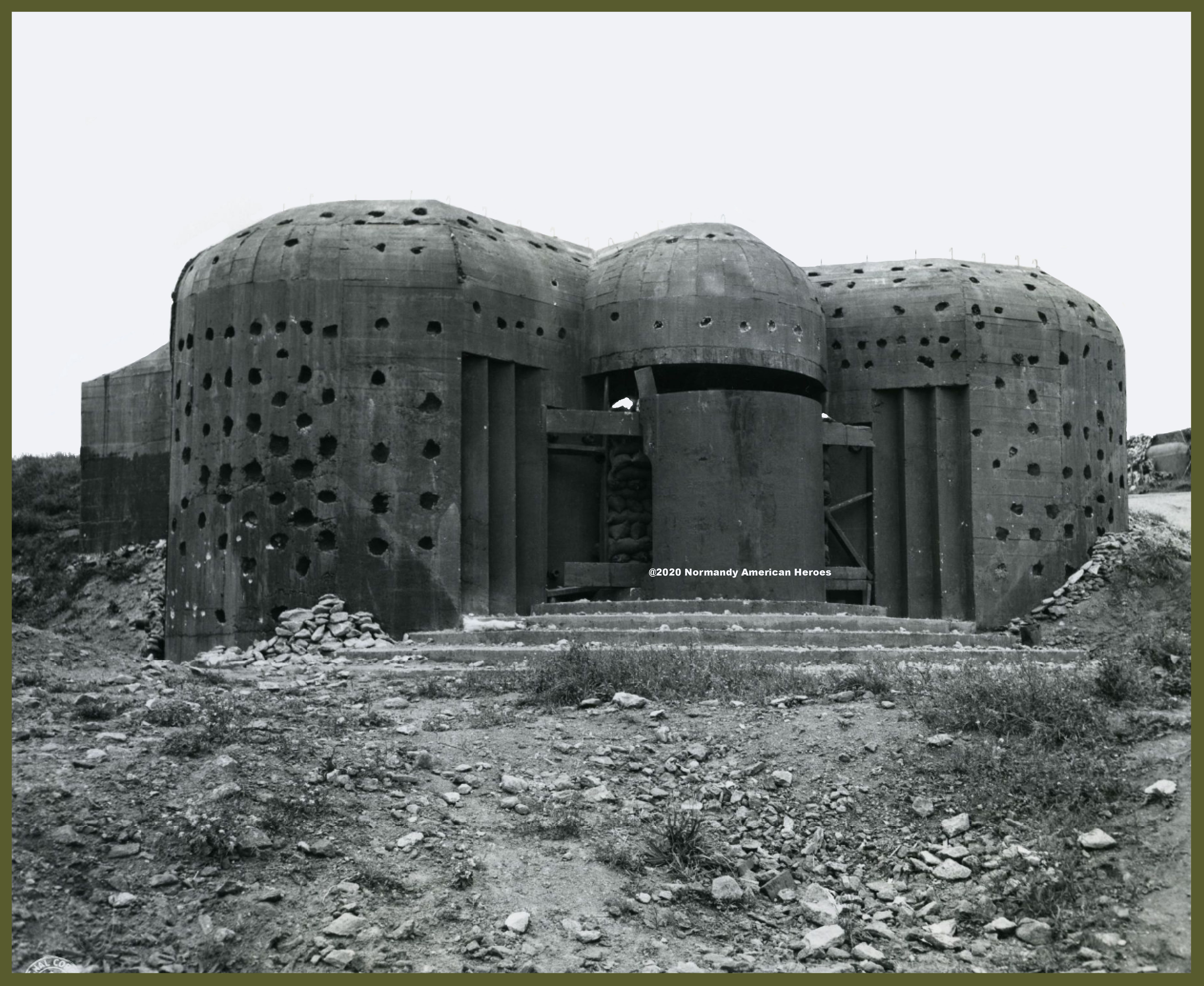 Concrete emplacement for mobile 150mm gun used by the Germans in their coastal defenses at Equeurdreville, France