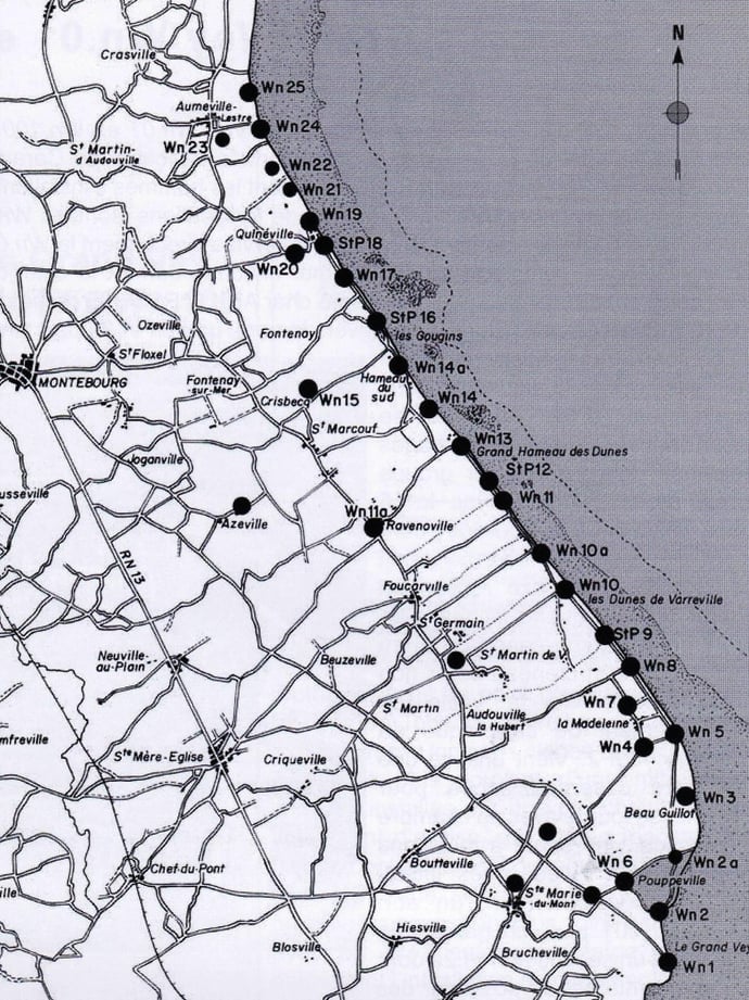 Layout of the strongpoints between Le Grand Vey and Quineville