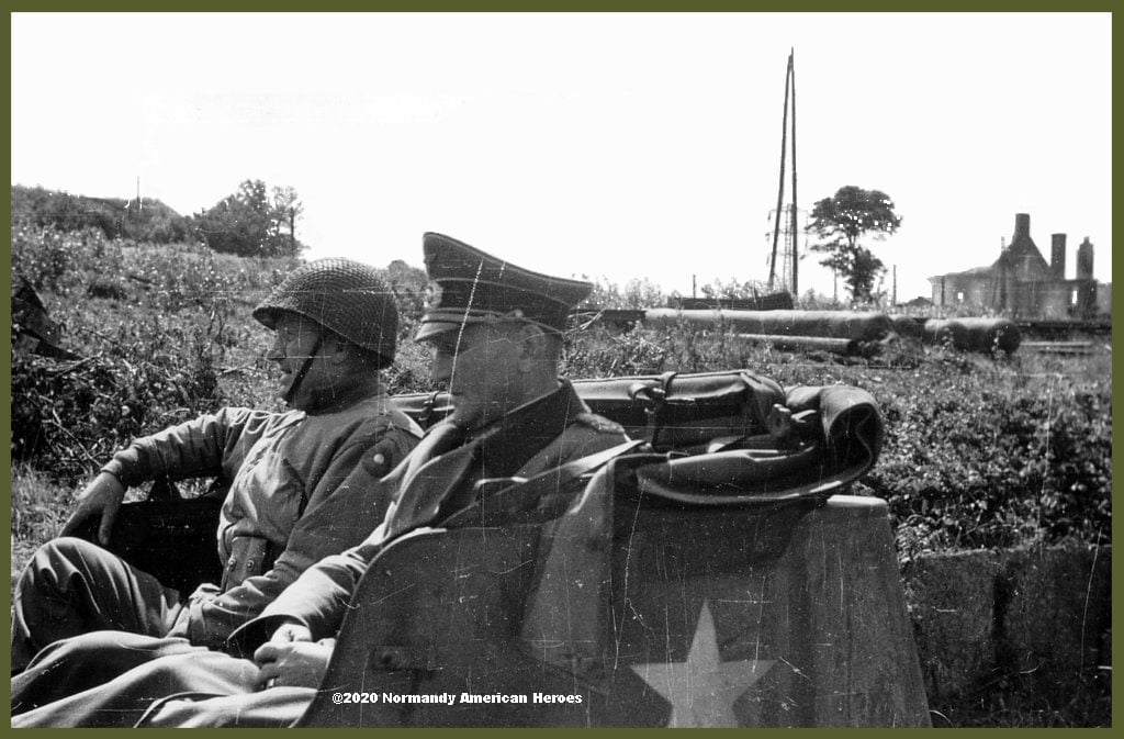 Major General Manton Sprague Eddy OC of the 9th US Infantry Division shares his Dodge command car with Generalmajor Robert Sattler following his surrender the day before.