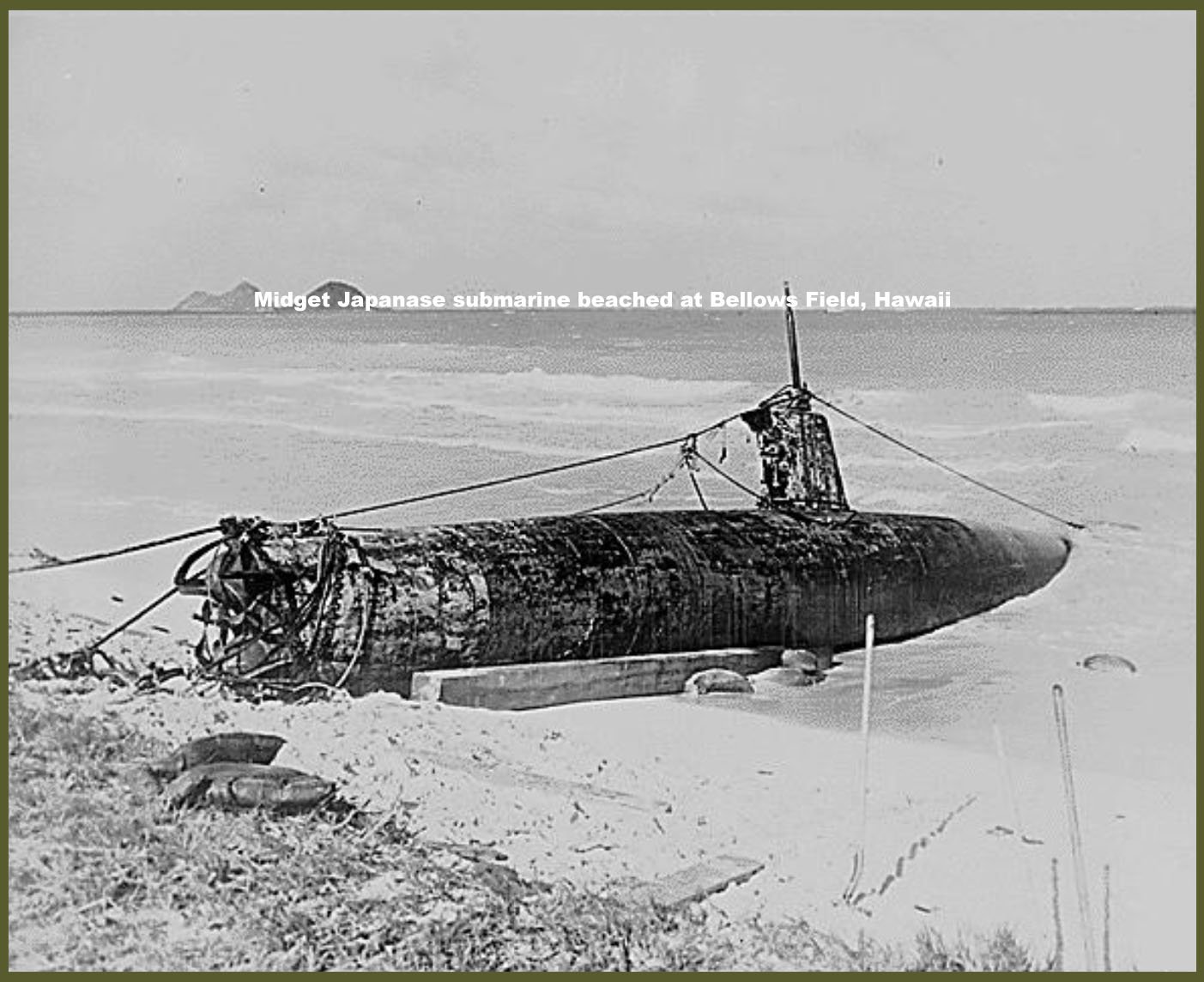 Midget Japanese submarine beached at Bellows Field, Hawaii