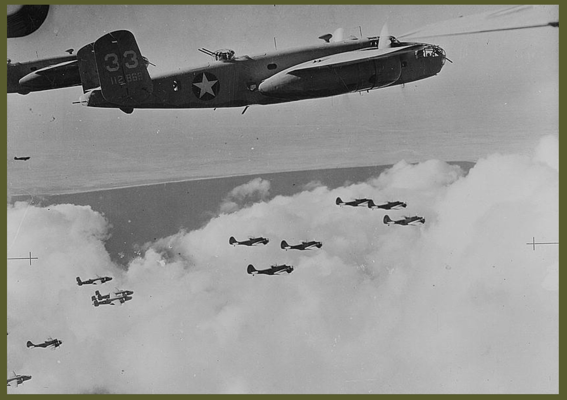Mitchell B026 bombers of the United States Army Air Forces and Baltimore bombers of the South African air forces flying together in formation on their way to attack Rommels position in North Africa