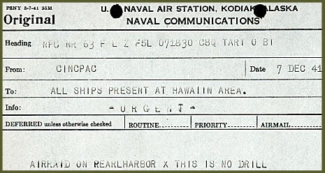 Radiogram reporting the Pearl Harbor attack, December 7, 1941