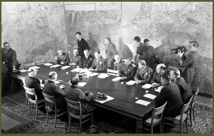 Scene at German surrender in World War II, Reims, France, May 7, 1945