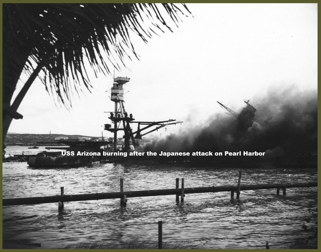 USS Arizona Burning after the Japanese Attack on Pearl Harbor