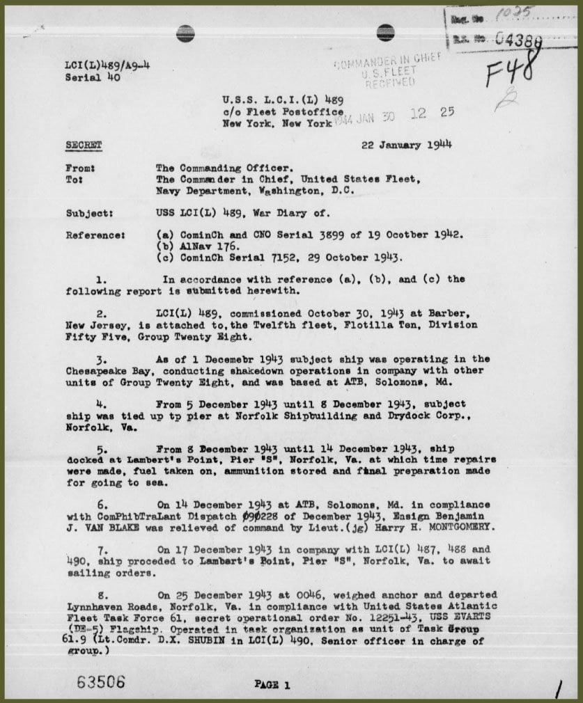 USS LCI(L) 489 - War Diary, 12143 to 11444 - 1a
