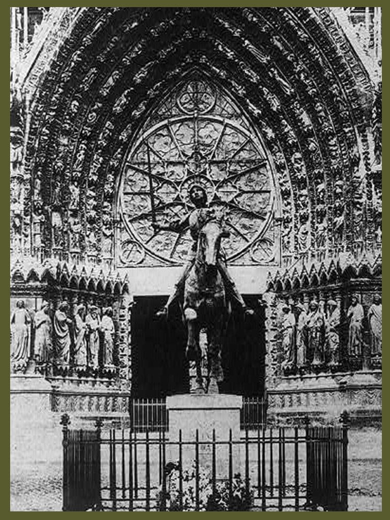 WWI Joan of Arc in front of the facade of the cathedral
