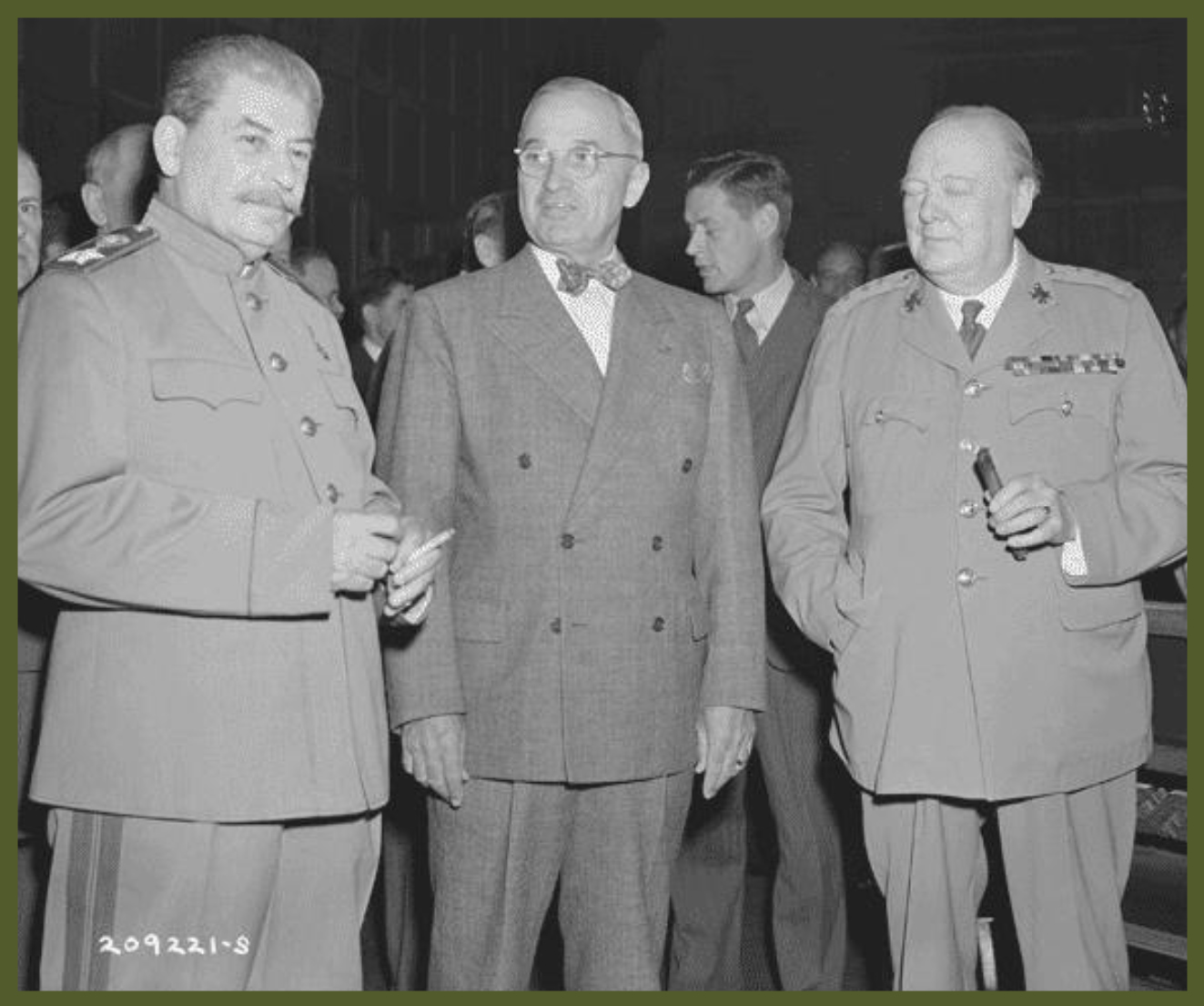 Photograph of Josef Stalin, Harry S. Truman, and Winston Churchill at Potsdam