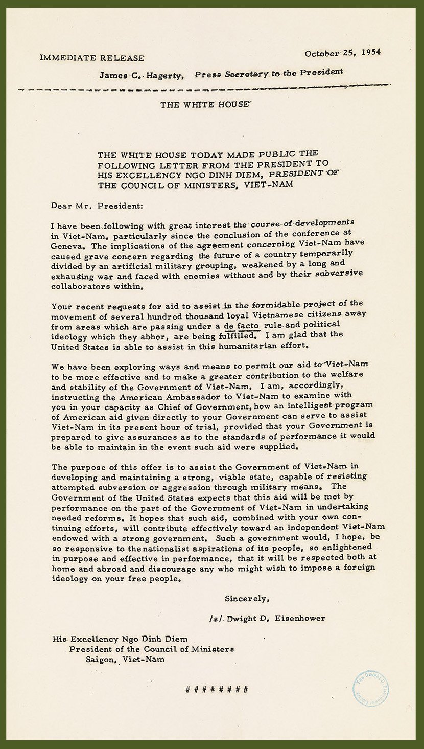 Press release regarding letter from Eisenhower to Diem, October 26, 1954