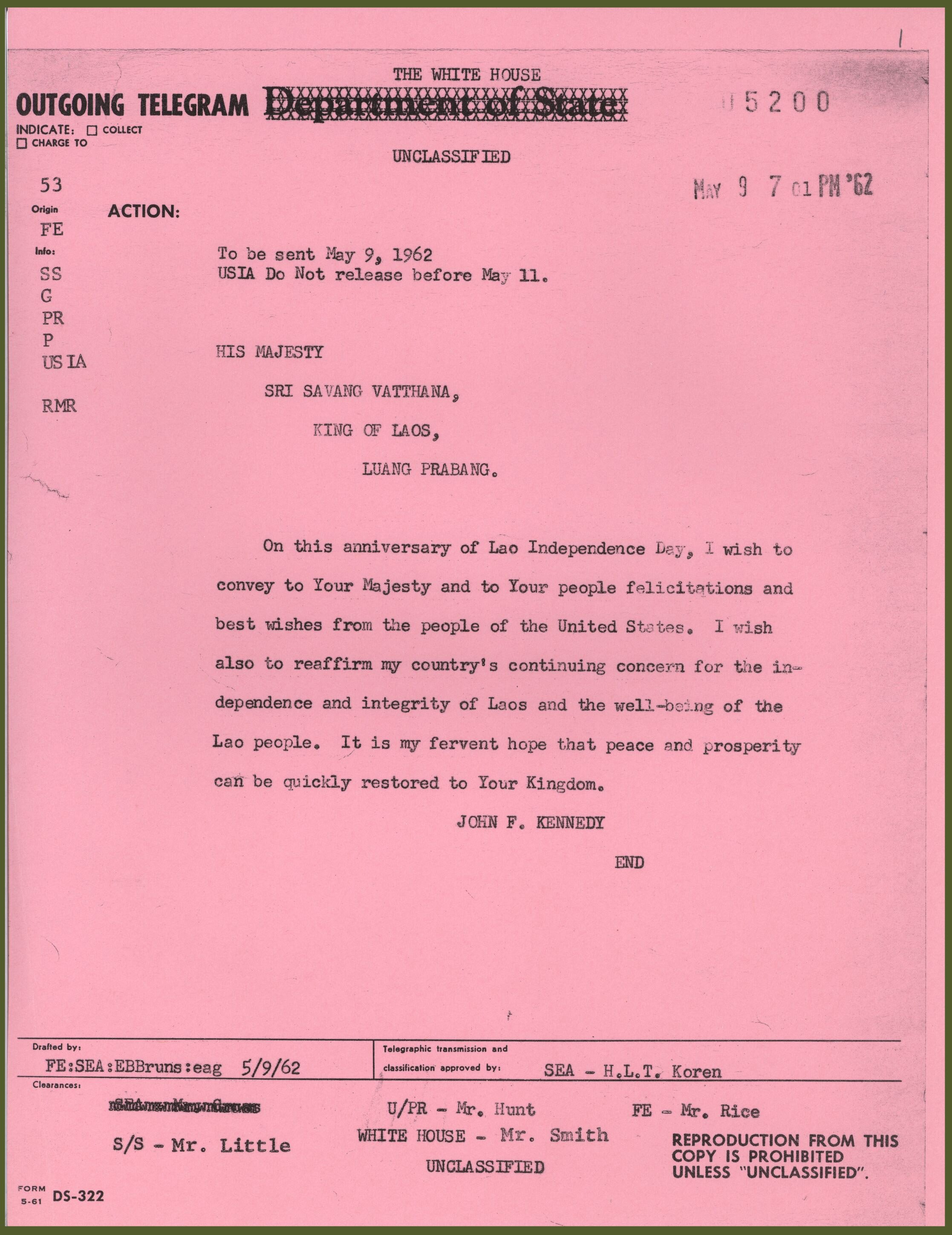 Telegram Kennedy independence day Laos